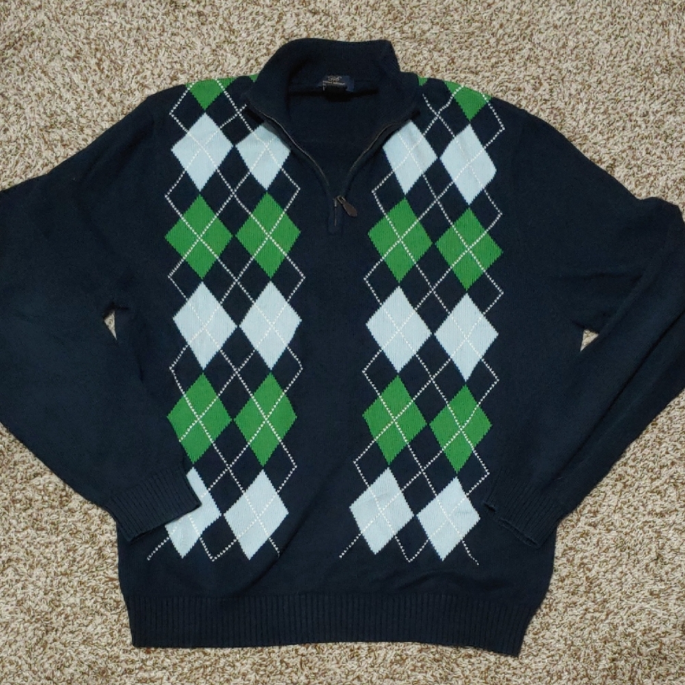 Brooks Brothers Quarter Zip Men's Navy Blue Argyle Sweater Size L